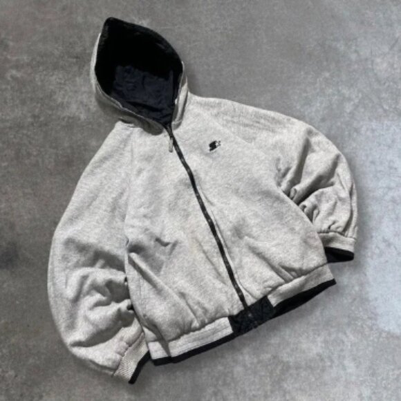 Vintage Starter Reversible Full Zip Hoodie Jacket Mens Gray Black - Picture 1 of 9